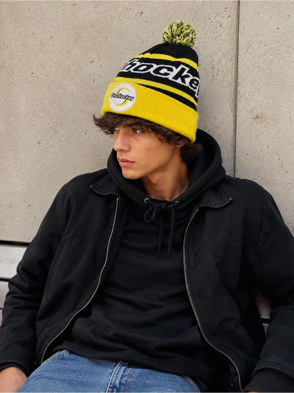 OneHockey Black Yellow Pom Pom Beanie Unisex Hockey Winter Hat